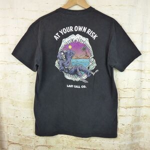 Last Call Co T-Shirt Mens L Faded Black Own Risk Grim Reaper Beach Graphic Surf